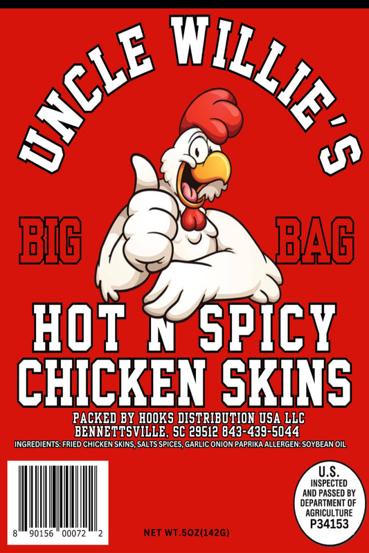 UNCLE WILLIE'S CHICKEN SKINS HOT N SPICY  ( Large 5 oz. - 7 oz. Bag)