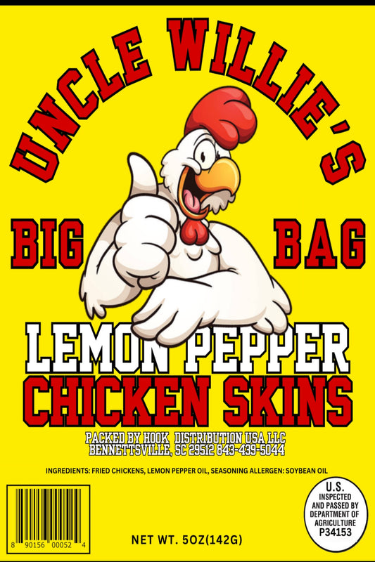 UNCLE WILLIE'S CHICKEN SKINS LEMON PEPPER ( Large 5 oz. - 7 oz. Bag)