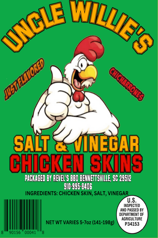 UNCLE WILLIE'S CHICKEN SKINS SALT & VINEGAR ( Large 5 oz. - 7 oz. Bag)